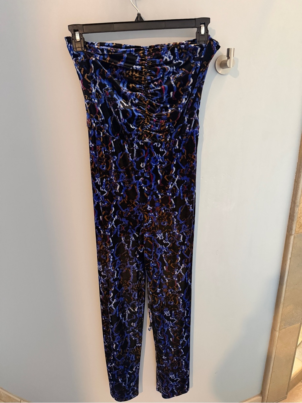 Blue & Black Velour Ruched Jumpsuit with matching fabric belt